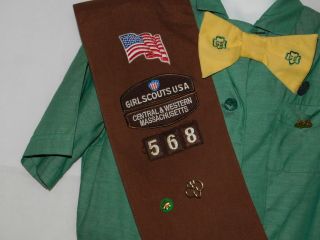 VTG 50 ' s Girl Scout Uniform Dress with Bow tie sash pins and badges sz 8 3