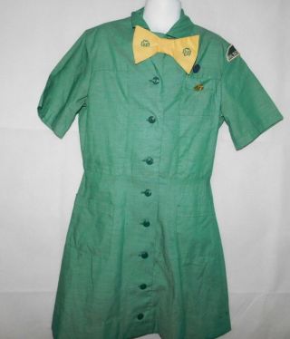 VTG 50 ' s Girl Scout Uniform Dress with Bow tie sash pins and badges sz 8 5