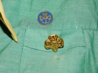 VTG 50 ' s Girl Scout Uniform Dress with Bow tie sash pins and badges sz 8 7
