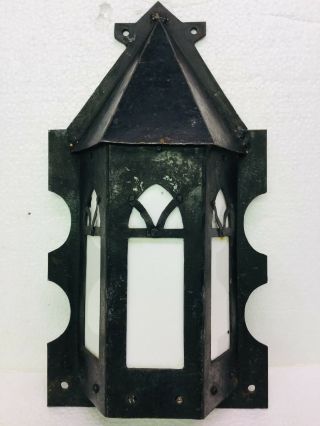 Antique Porch Light Wall Sconce,  Slag Glass & Iron,  Tudor Gothic Arts & Crafts