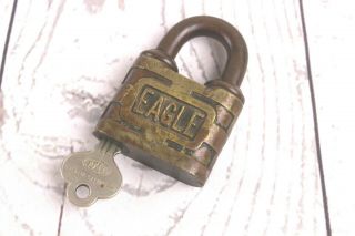Antique Vintage Eagle Lock Co Brass Padlock With Key