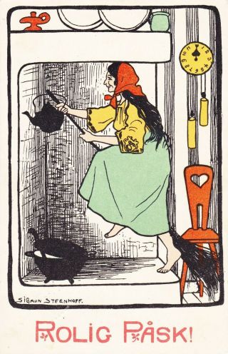 Old Vintage Easter Postcard Easter Witch On Broom Signed Steenhoff Rolig Pask