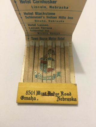 Vintage Full Feature Matchbook Schimmel’s Indian Hills Inn Omaha Nebraska