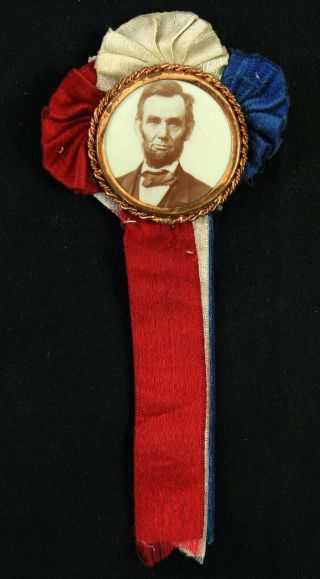 1910 Abraham Lincoln Us President 1 3/8 " Pinback W/ Red White Blue Ribbon