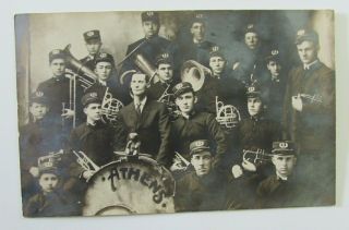 Antique Athens Indiana Real Photo Postcard Band Musicians Musical Instruments