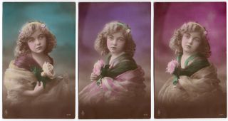 Three Tinted Real Photo Postcards Little Girl Holding A Rose Photo Studio 105758