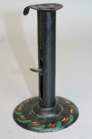 A Great Early 19th C Iron Hogscraper Candlestick In Old Tole Painted Decoration