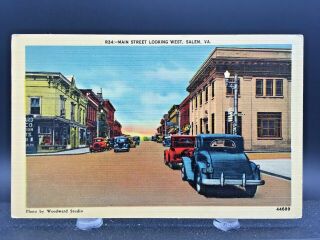 Postcard Salem,  Virginia Main Street Looking West Vintage Cars Street View