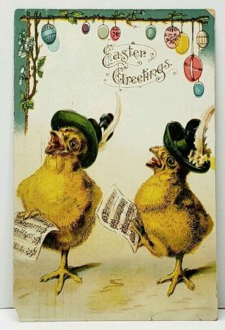 Easter Greetings Chicks In Hats With Music Sheets Embossed Postcard B25