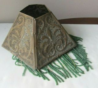 Small Antique Hand Hammered Copper Lamp Shade Beaded Fringe Arts Crafts