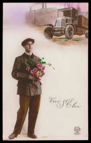 Art Deco 1920s Vintage Photo Set Of 2 Postcard Romance Man Truck Flower