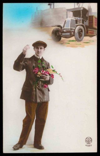 Art Deco 1920s vintage photo SET of 2 postcard romance man truck flower 3