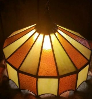 Huge Mid Century Stained Leaded Slag Glass Swag Hanging Lamp/light