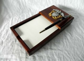 Crest Craft Solid Walnut Us Navy Desktop Note Pad Pen Holder Vintage