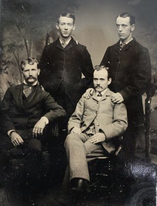 Antique American Four Handsome Young Men In Suits Tintype Photo