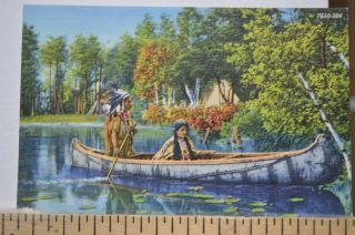 C 1942 Indians In Birch Bark Canoe - Returning Home - Native American Postcard