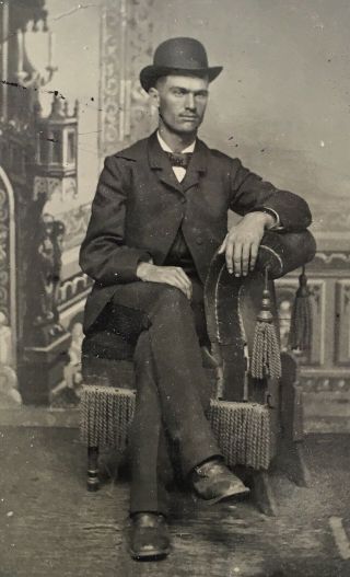 Antique American Handsome Young Man Sitting Chair Hat Derby Tintype Photo