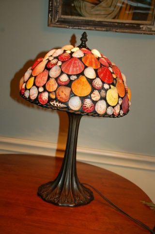 Authentic Seashell Lampshade Tiffany - Style Table Lamp.  Unique Hand Crafted 19 "