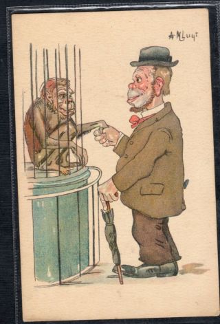 A253 Postcard Artist Signed Man Shakes Hand With Monkey,  They Look Similiar