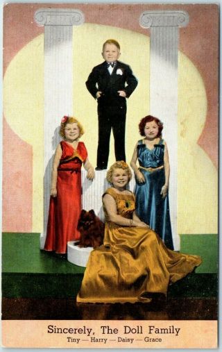 1940s Linen Postcard " Sincerely,  The Doll Family " Midget Sideshow Circus Kropp