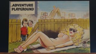 Bamforth Comic Postcard: Big Boobs,  Naked Lady,  Sun Bathing & Playground Theme