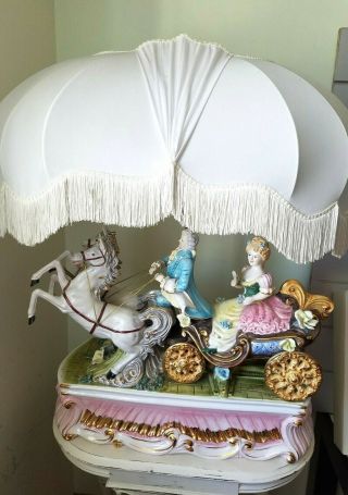Capodimonte Extra Large Italian Horse And Carriage Porcelain Lamp Fringe Shade