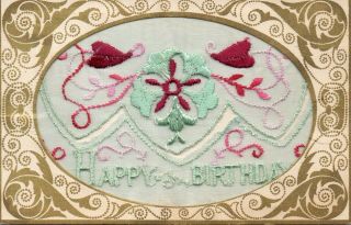 Rare: Art Deco Style Embroidered Silk Postcard: 1945: Happy Birthday