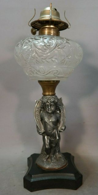Ca.  1890 Antique 19thc Victorian Winged Putti Cherub Statue Good Luck Oil Lamp