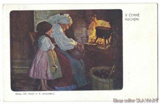 Postcard Czech Grandmother With Child Girl Cooking Black Kitchen Bohemia Chodsko