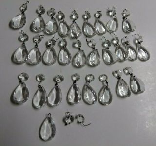 27 Vintage 2 - 1/4 " Crystal Glass Pear Shaped Prisms With Octagon Shaped Prismtops