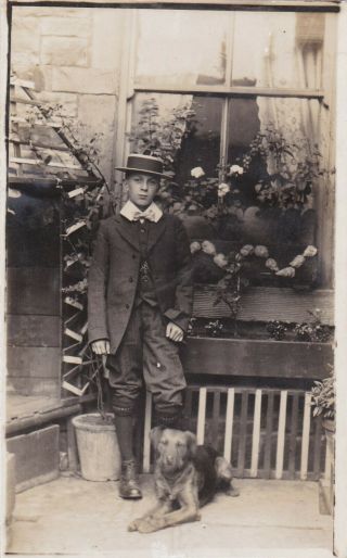 Old Photo Young Man Boy Straw Boater Hat Pet Dog Animal F3