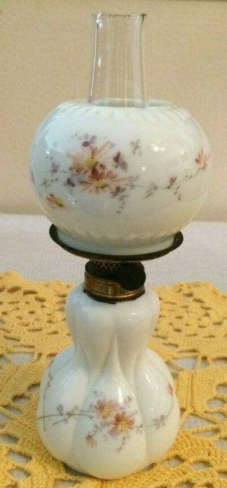 Antique Victorian Miniature Milk Glass Kerosene / Oil Lamp With Flowers