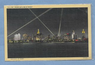 Vintage Postcard Skyline At Night Miami Florida Un - Posted