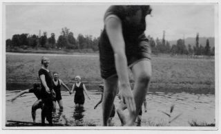 Old Photo Women Men Swimsuits Out Of Frame Woman Running Towards Camera River