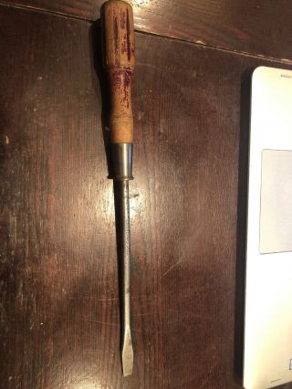 Vintage Champion 14 - 1/2 " Long Wood Handle Screwdriver " Wide Tip Made In Usa