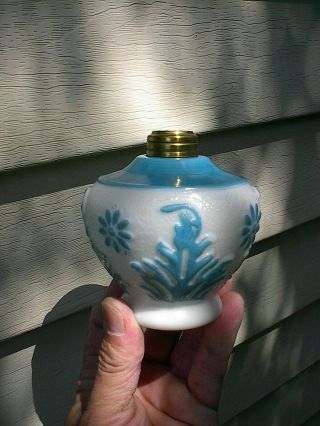 Old Ornate C.  1900 Royal Blue Floral Milk Glass Antique Miniature Oil Lamp Base
