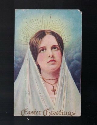 Holy Woman With Halo & Cross Around Neck 1910 Religious Easter Postcard