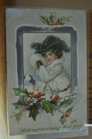 Edwardian Girl With Snowball & Muff Holly Happy Year 1906 Embossed Postcard