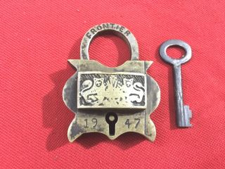 1947 Vintage Old Brass Unique Shape Frontier Padlock With Key Rich Patina