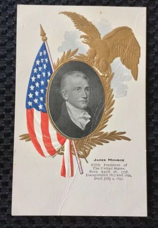 James Monroe,  5th President Flag Gold Eagle Embossed Postcard