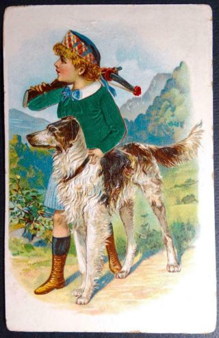Postcards - Gorgeous Child In Real Fabric Sweater Large Dog Crossbow Embossed