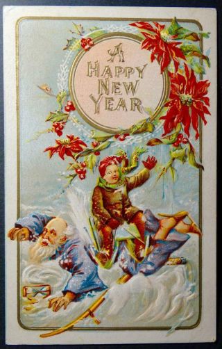 Postcard A Happy Year - Boy On Sled Running Over Father Time