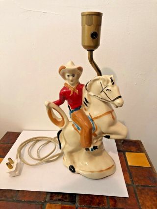 Vintage Cowboy & Horse Western Lamp Painted Ceramic Light 1940s - 50s Rodeo