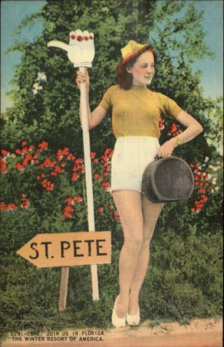 Florida Sexy Young Woman Hitchhiking To St.  Petersburg Linen Postcard