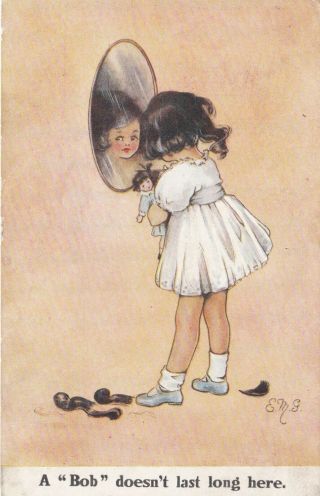 E.  M.  G.  Little Girl With Doll Gives Them Both A Bob Haircut