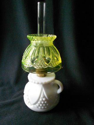 Miniature Oil Lamp - Vaseline Glass Shade - Milk Glass Base