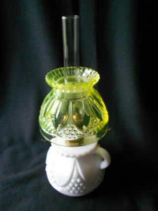 Miniature Oil Lamp - Vaseline Glass Shade - Milk Glass Base 2