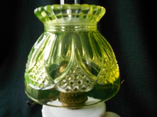 Miniature Oil Lamp - Vaseline Glass Shade - Milk Glass Base 3