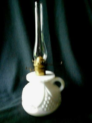 Miniature Oil Lamp - Vaseline Glass Shade - Milk Glass Base 5