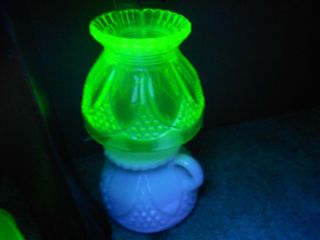 Miniature Oil Lamp - Vaseline Glass Shade - Milk Glass Base 7